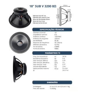 ALTO FALANTE 18 SUB V 1600 RMS ST 8 OHMS